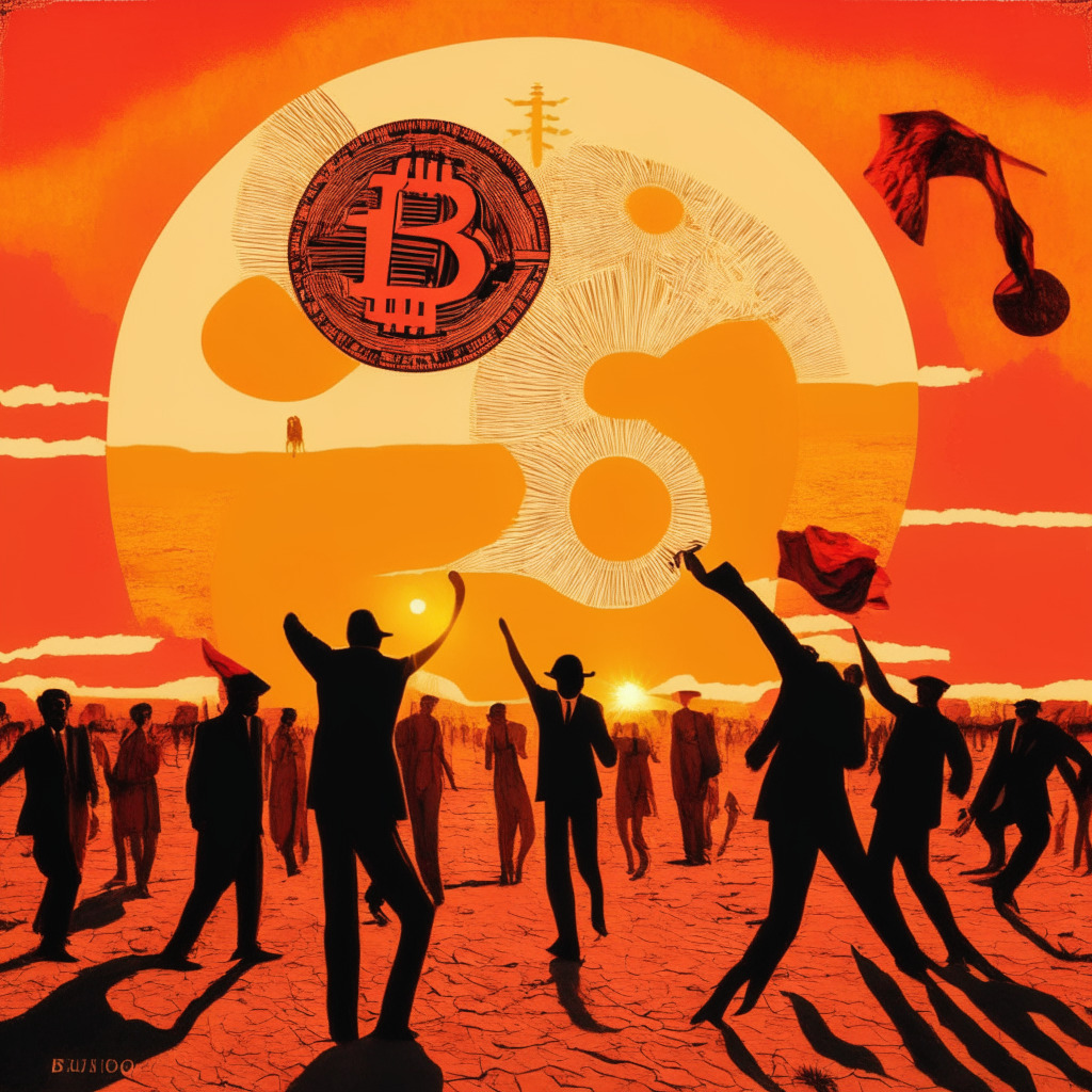 Argentine plains bathed in a setting sun, filled with hues of orange and red, symbolizing an economy in transition. In the center, a large symbol of Bitcoin and a US dollar, engaged in a dramatic tango dance, representing economic struggle. Onlookers are passionate Argentine politicians, their faces showing intense scrutiny and contemplation. The mood is a blend of apprehension and curiosity, the atmosphere tense yet vibrant, mirroring Argentina's thrilling currency war. The entire image painted in an expressive Impressionist style.