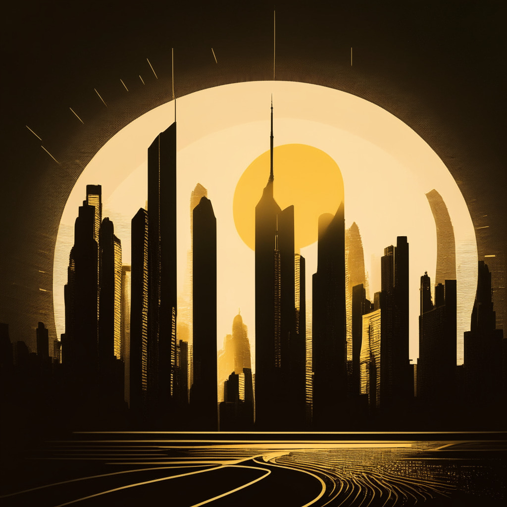 A monochrome, film noir style cityscape at dawn, a faint horizon light representing the unsteady greenback. In contrast, a luminous, golden, parabolic curve sharply ascending, symbolizing Bitcoin's potential upsurge, colliding with the skyline. Mood should be a tense expectation of an impending pivotal shift.