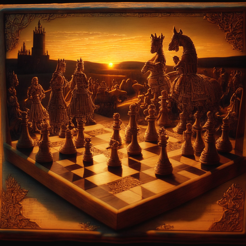 An antique-style painting, bathed in the warm glow of an setting sun, of an impending chess match - one side showcasing stately central banks embodied as stone knights marching, poised to control the digital realm, the other side showcasing vulnerable private banks as wooden pawns, looking toward an uncertain future; this resides on an intricately carved table signifying the global financial landscape. Soft, dreamy clouds symbolize the uncertainty, yet an intangible air of anticipation lingers in the scene, portraying the inevitable shift to CBDC dominance.