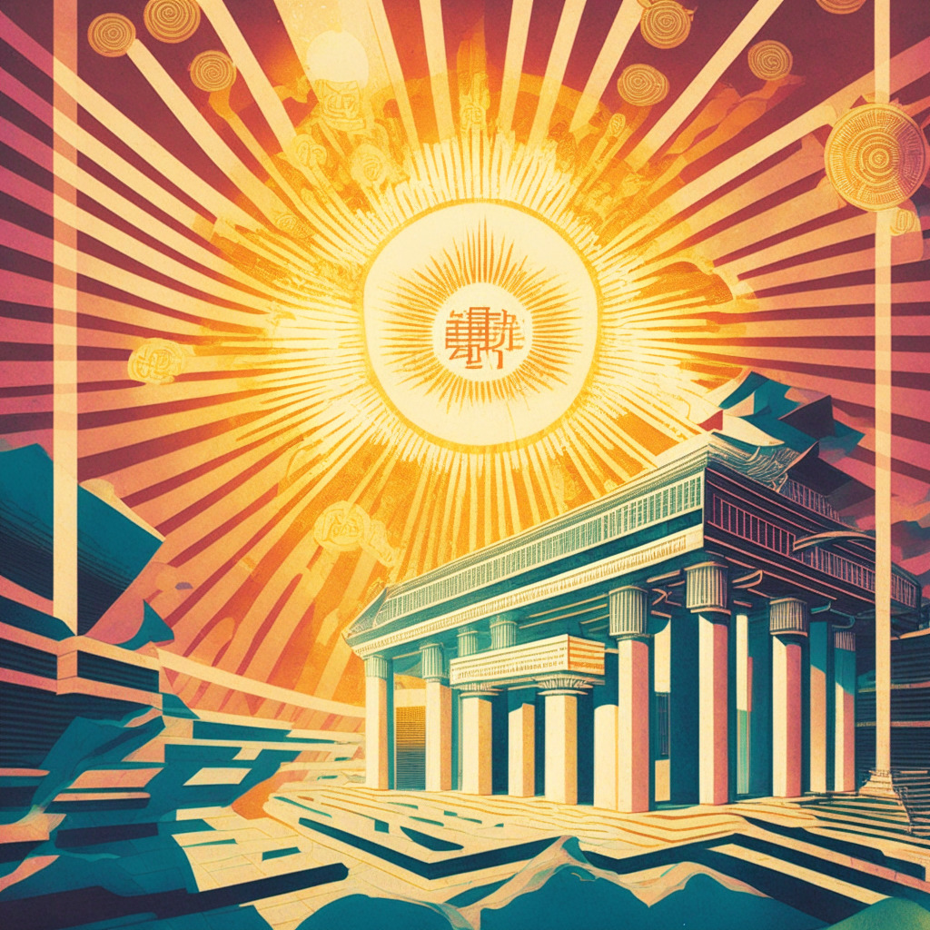 An abstract rendering of a large central bank symbolizing Japan's influence, in an energetic Edo period artistic style. The central bank is surrounded by fluctuating lines representing global bond yields and liquidity. A rising sun in the background, distributing subtle rays of light, implies the anticipation of the policy shift. Elements of iridescent cryptocurrencies hint at their complex relationship with the bank. The colours are vibrant yet subtle, granting a tempered, engaging mood.