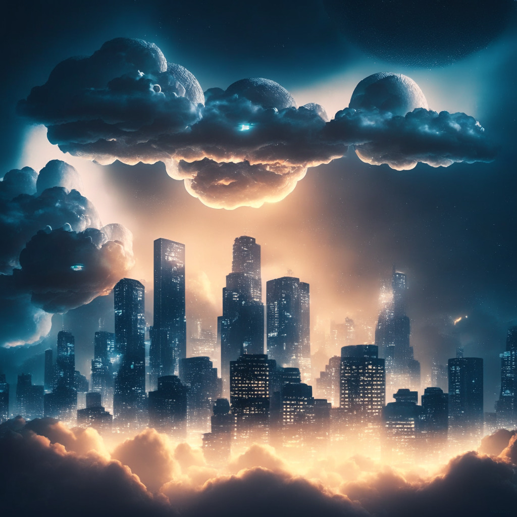 An ethereal cityscape displaying global central banks, digital currencies hovering above in clouds. Portrait style, twilight setting with city lights creating a warm glow. Futuristic yet wary mood with a sense of caution in the air, depicting the thought-provoking tale of Central Bank Digital Currencies.