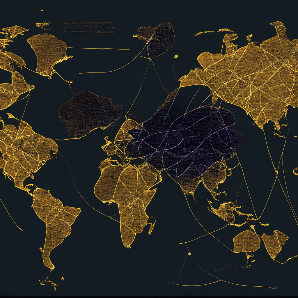 A global map lit by a soft dawn light, imparting a serene and tranquil mood. Marked are Ethereum conferences in various countries, differing hues of warm and cool colors representing their perceived safety. A contrasting darker aura over France and Colombia, echoing a silent unrest and skepticism. Dotted lines symbolize a bridge connecting these lands with the rest of the world, evoking hopes of unity and inclusivity. Abstract ethereal blockchain connections intertwine creating a sense of shared progress and triumph. Painted in a vivid, modern style.