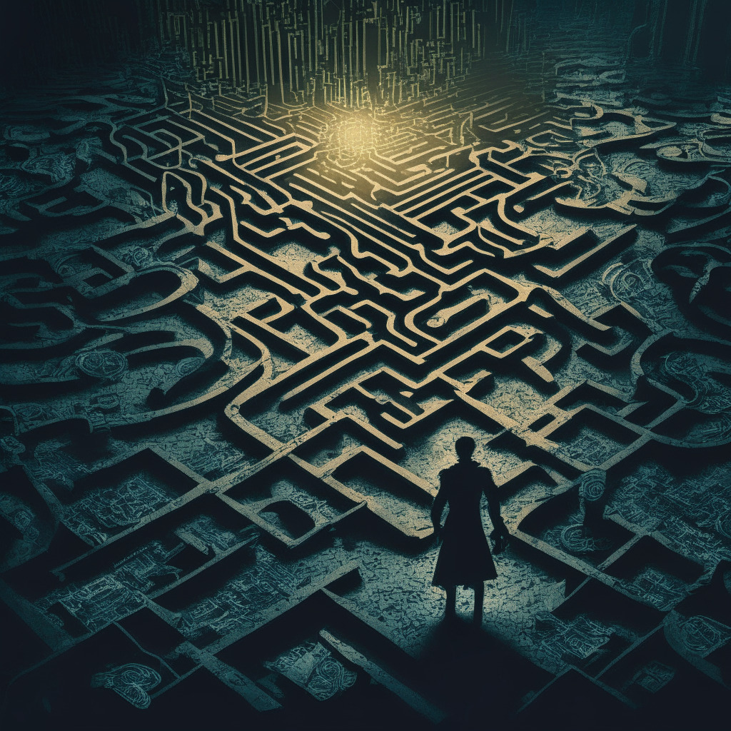 Abstract depiction of a complex maze unraveling, DOJ agents carefully studying scattered digital puzzle pieces, a foreboding sense of drama emphasised by dim, moody lighting. A representation of digital currency and coin in the background, swathed in shadows, representing the uncertainties of the crypto world.