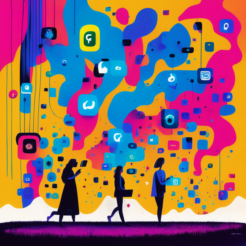 A digital landscape illustrating the phenomenon of Threads, vivid hues represent its meteoric rise in the social media universe. Characters using devices in the foreground symbolize its huge user base, while representations of the Instagram logo suggest its integration. Shadows reflect doubts about data privacy, with vibrant lights symbolizing its streamlined user experience. The image embodies a blend of hope and unease, reflecting the crypto mainstream adoption challenge.