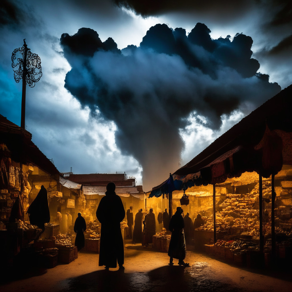 An evening scene from Marrakech Moroccan market. Center, a shadowy figure behind a counterfeit marketplace stall filled with digital items signifying NFTs, surrounded by unsuspecting patrons. Above, an ominous cloud in the form of a giant key, symbolizing the spoiling. Art Nouveau styled visuals, dark, intense colors dominating. Mood: Suspenseful, a sense of caution.