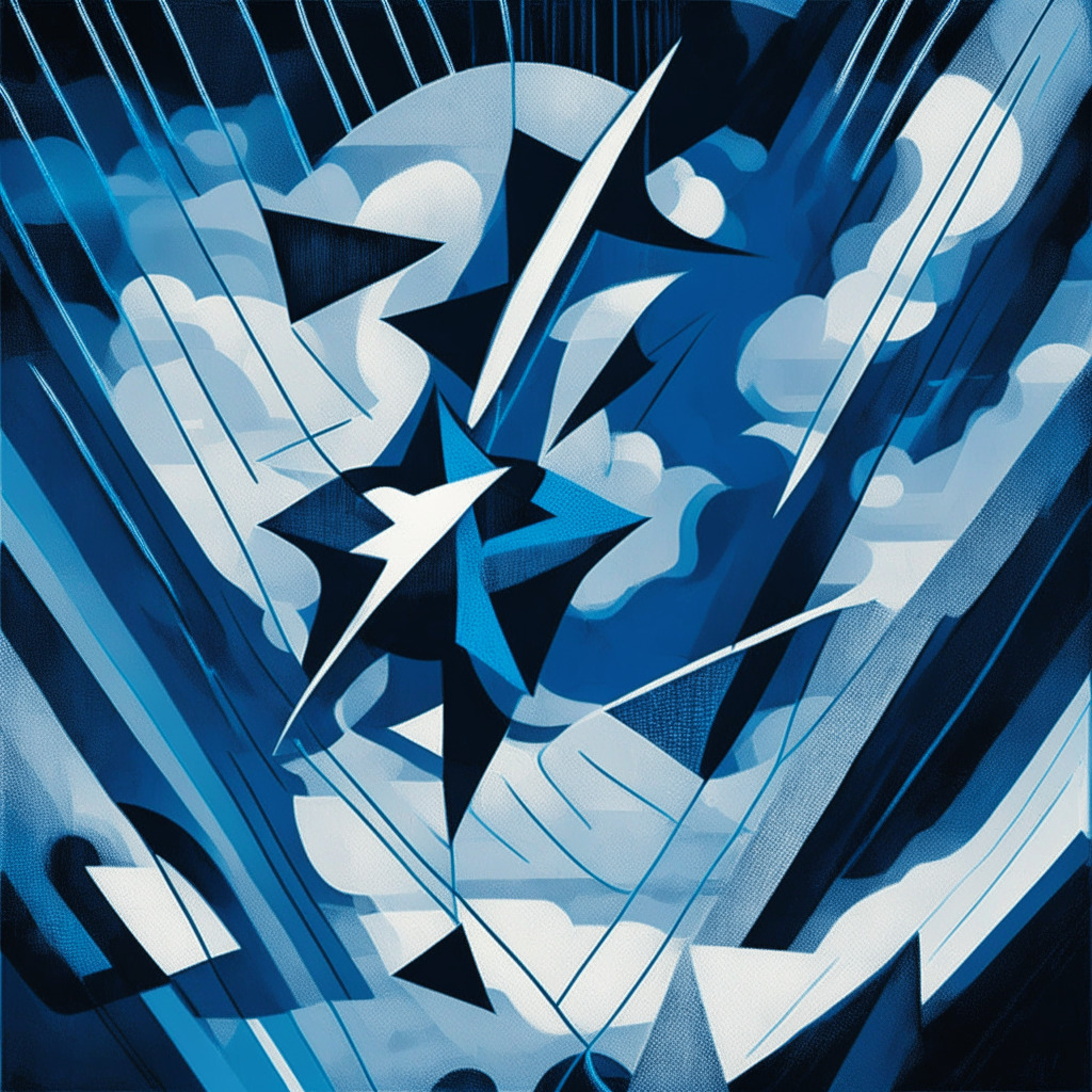 An abstract visual interpretation of a crypto market graph line ascending gently, encased in a pendulum in motion against a threatening stormy backgrounds. The artistic style should have Picasso-inspired cubism elements, gradients of blue and grey hues setting the mood of uncertain economic times. The light setting should be dim, with bolts of lightning in the background casting eerie shadows on the pendulum, embodying looming market uncertainties. The presence of two paths splitting from the end of the graph, upwards towards a bright sky and downwards towards a broken ground, representing contrasting market projections. Remnants of a faded dollar symbol and job figures subtly interacting with the graph, hinting at their negative correlation.