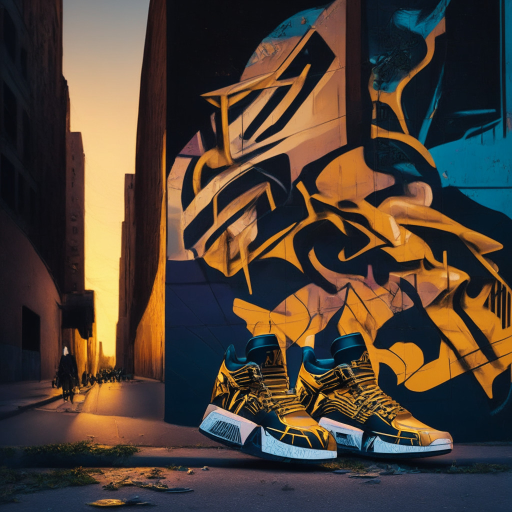 An urban street scene at dusk, hyperrealistic style, subtlety of warm and cold hues. Centered, a trio of futuristic sneakers inspired by cassette tape, playlist, disc, hints of golden metallic elements to signify the golden jubilee of hip-hop. Artful graffiti on walls referencing the fusion of music, fashion, blockchain. Mood: Energetic, nostalgic yet innovative.