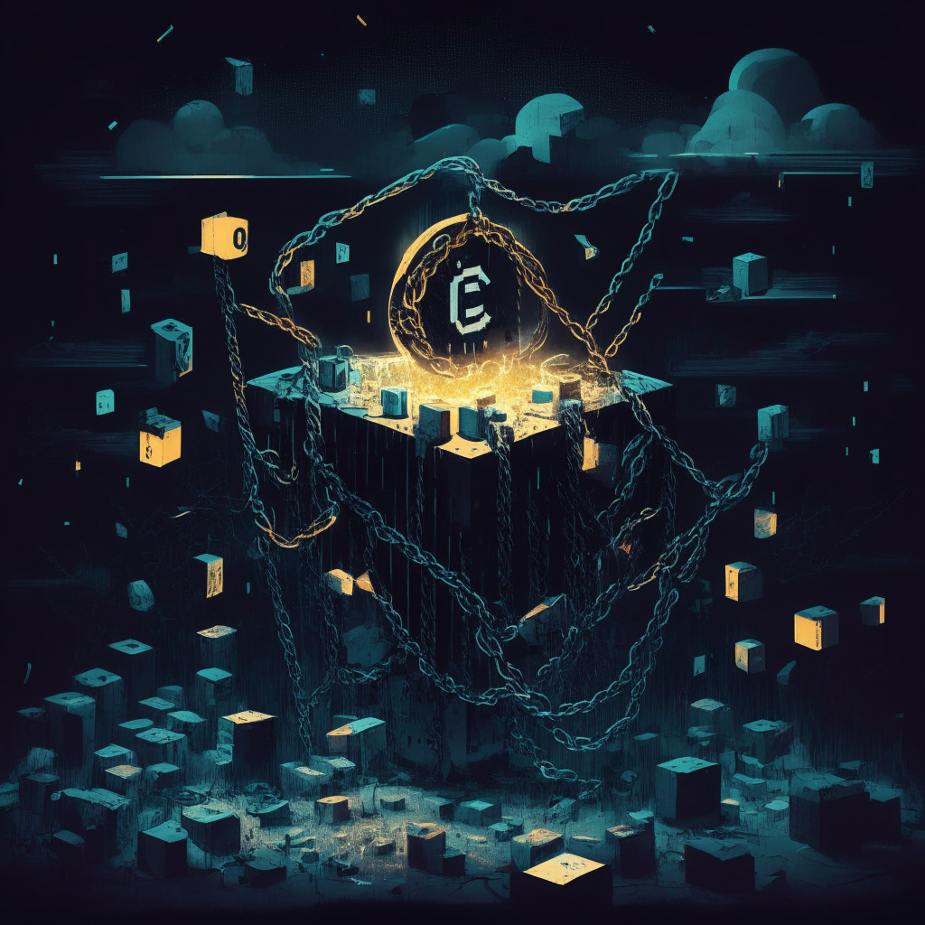 An intricate blockchain-themed scene, Noir-style, desaturated colors, Dusk light setting. A looming gavel, representing the SEC, crashes down on a symbolic Quantstamp locked in chains, icons of smart contracts scattered around. A mysterious Fair Fund box glows subtly, with destroyed QSP tokens. The mood is intensely reflective, a clash between blockchain vitality and stringent regulatory forces.