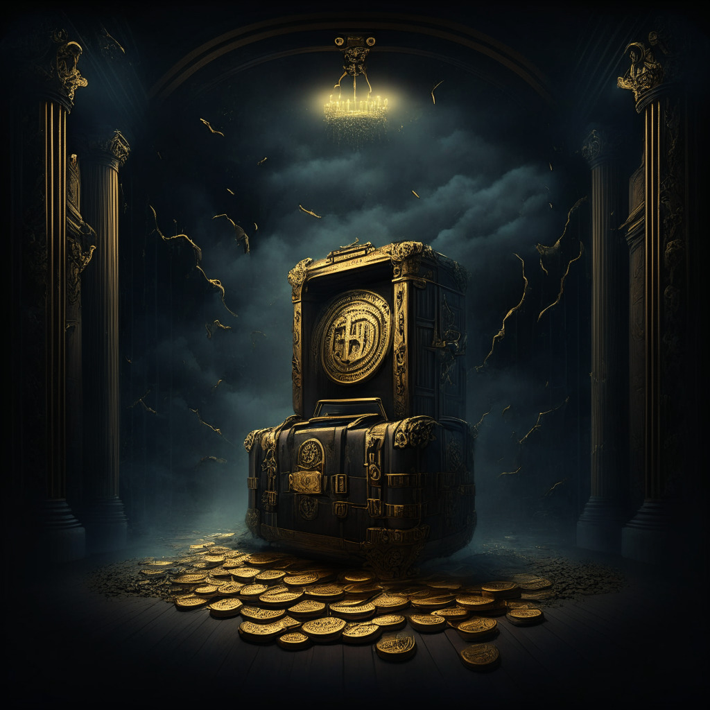 Dramatic scene of a roller-coaster representing the tumultuous journey of a cryptocurrency company, symbolic of betrayal and downfall with a moody, dark setting. On one end, a camera-open suitcase filled with golden coins overflowing, on the other, an empty, ominous bureau. Artistic style reminiscent of Baroque era, full of intricate, bold details.