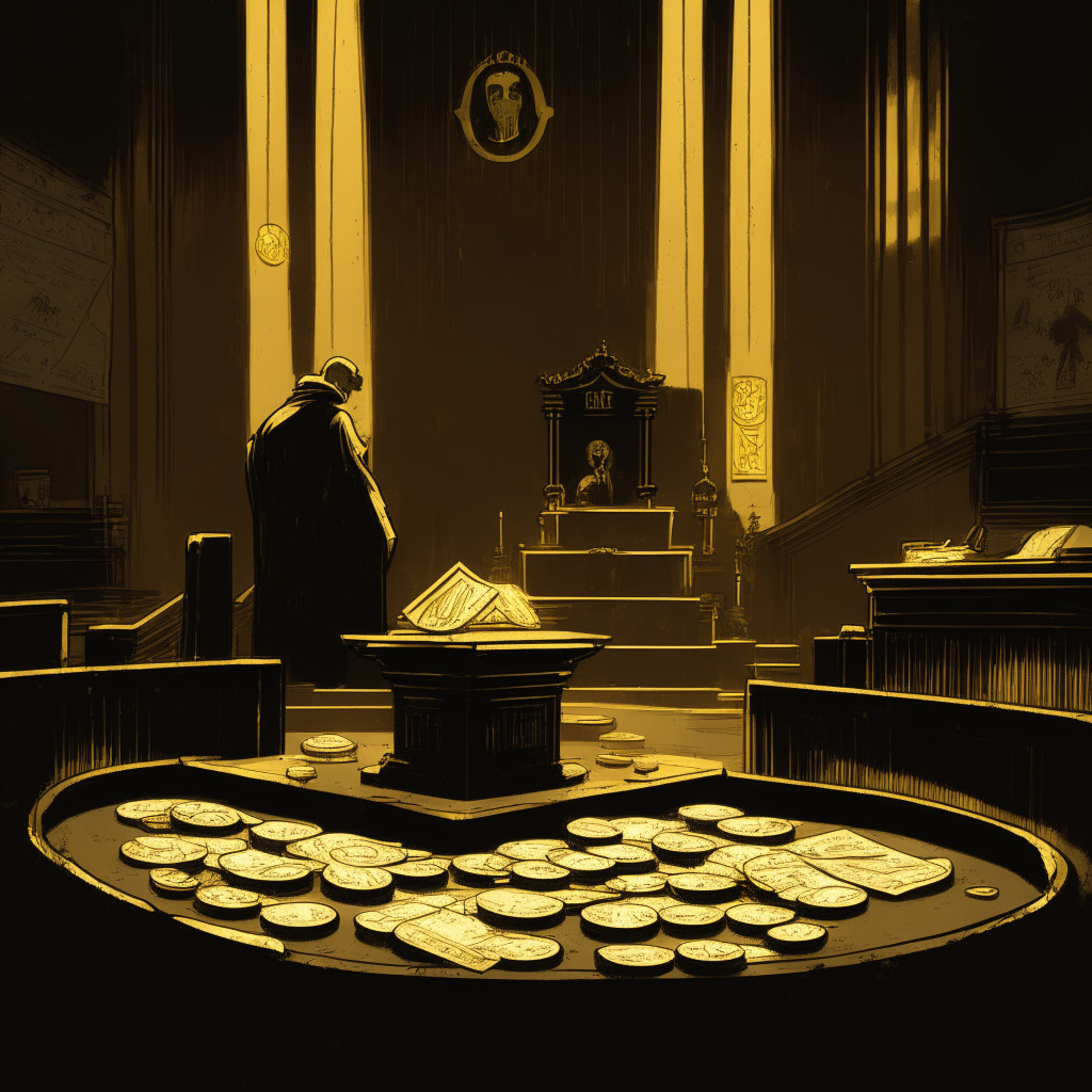 A dimly lit courtroom, iced with a noir art style, displaying a stern judge overseeing a scale. One side of the scale is burdened with gold coins symbolizing crypto currency, the other with stacks of paper money. The scale tilts to the side of gold coins, signifying the deficit, creating an atmosphere of looming uncertainty and distrust.