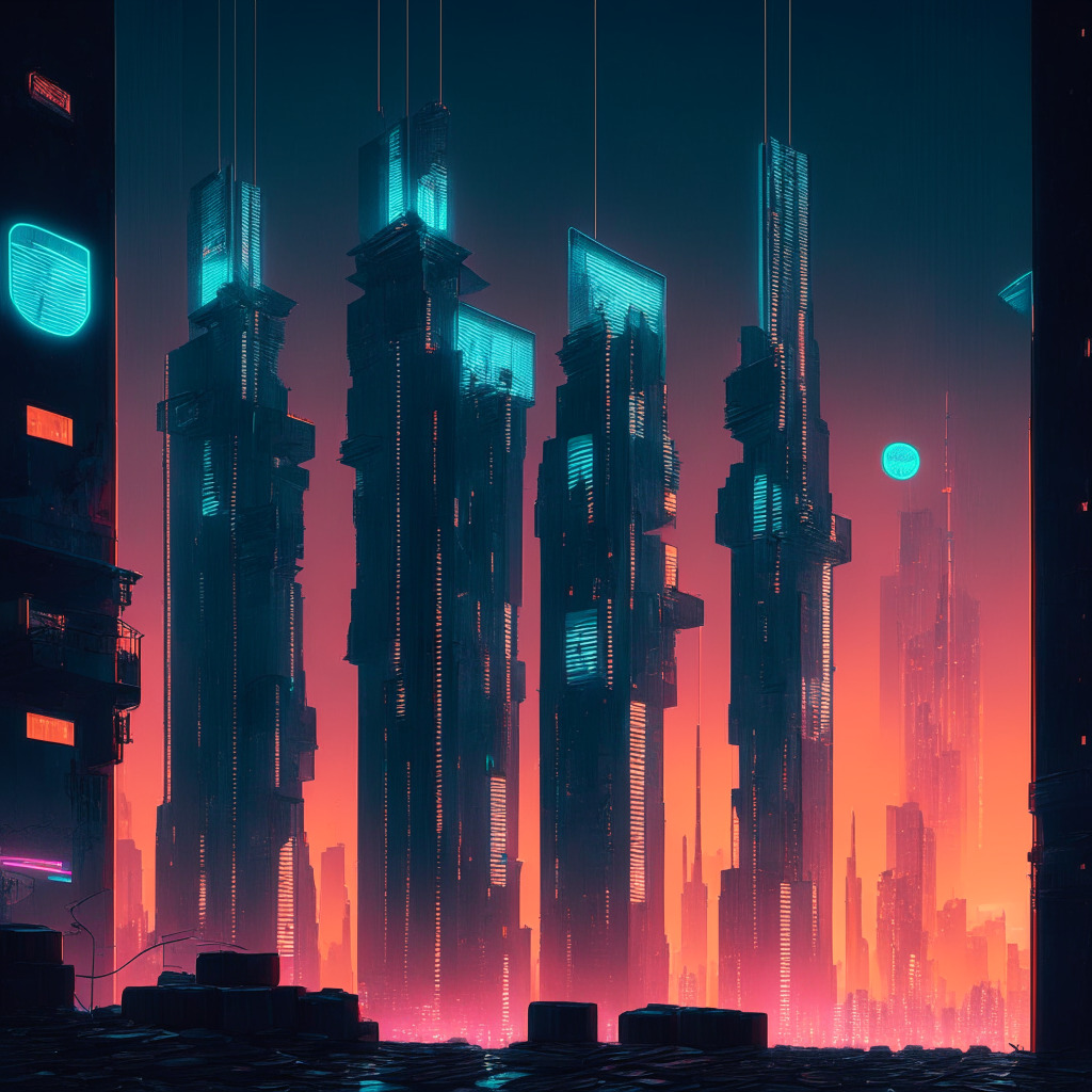 A dystopian cyberpunk cityscape at dusk, skyscrapers made of translucent dollar bills bathed in neon light symbolizing the rise of centralized stablecoins. Shadows reflect the uncertainty and volatility. Centered is a large, wavering coin, representing TUSD, precariously balanced on a highwire, symbolizing the delicate balance of transparency and dependence.