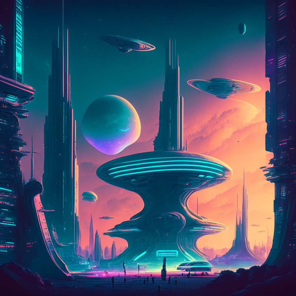 Futuristic cityscape meeting vibrant alien landscapes under a glowing galaxy sky, illustrating the surge in alien-themed cryptocurrencies. Strong elements of surrealism and sci-fi, with extraterrestrial figures and UFOs hovering amongst retro-futuristic buildings. Muted cool tones under a soft, otherworldly light, setting a stage of intrigue and caution.