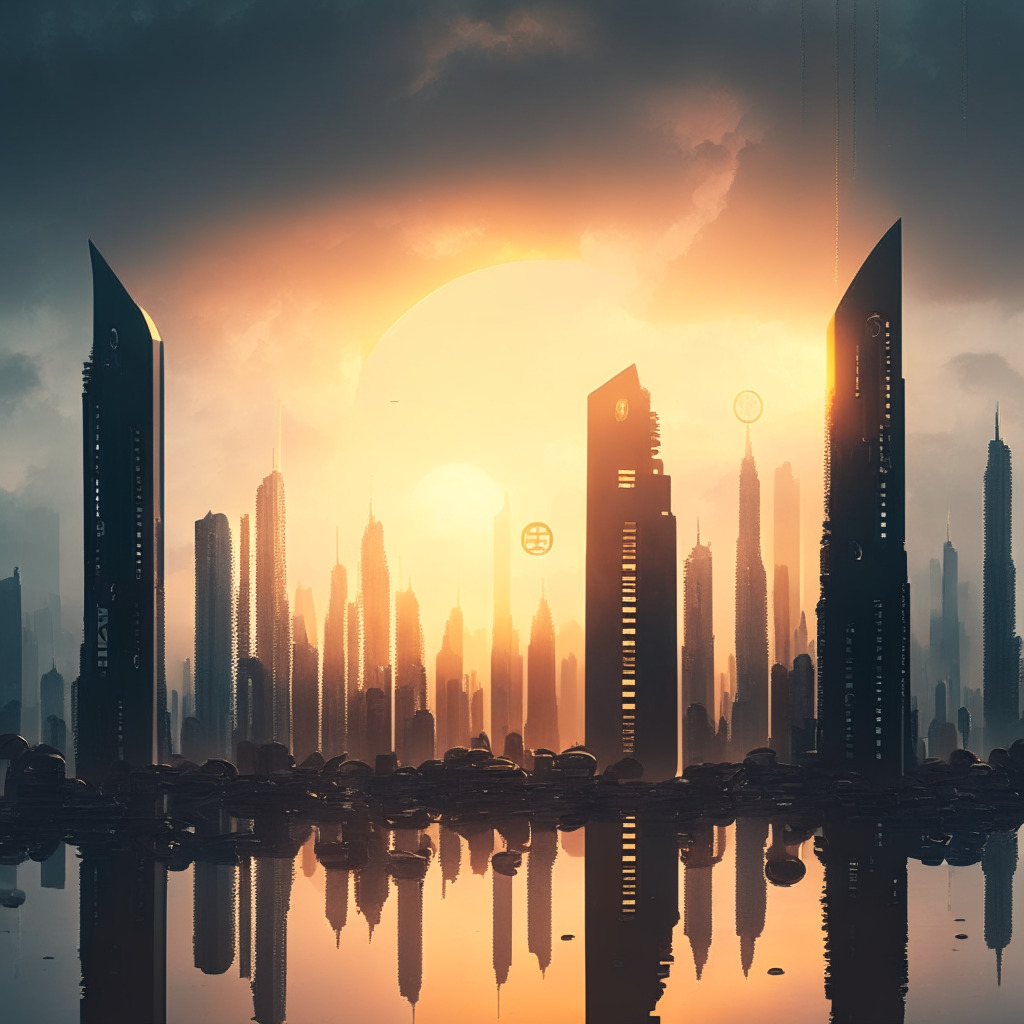 A gloomy sunrise over a vast, futuristic international cityscape, reflecting the dawn of a new age in finance. Convey abstract concepts of cryptocurrencies and blockchain, integrating symbols like coins and chains. Have large futuristic buildings in the background which symbolize major asset management firms, with a looming shadow hinting at regulatory scrutiny. The atmosphere should be mysterious yet hopeful, illustrating a balance between uncertainties and opportunities in digital finance. Use a surreal, cyberpunk art style to represent the innovative aspects of cryptocurrency investment.