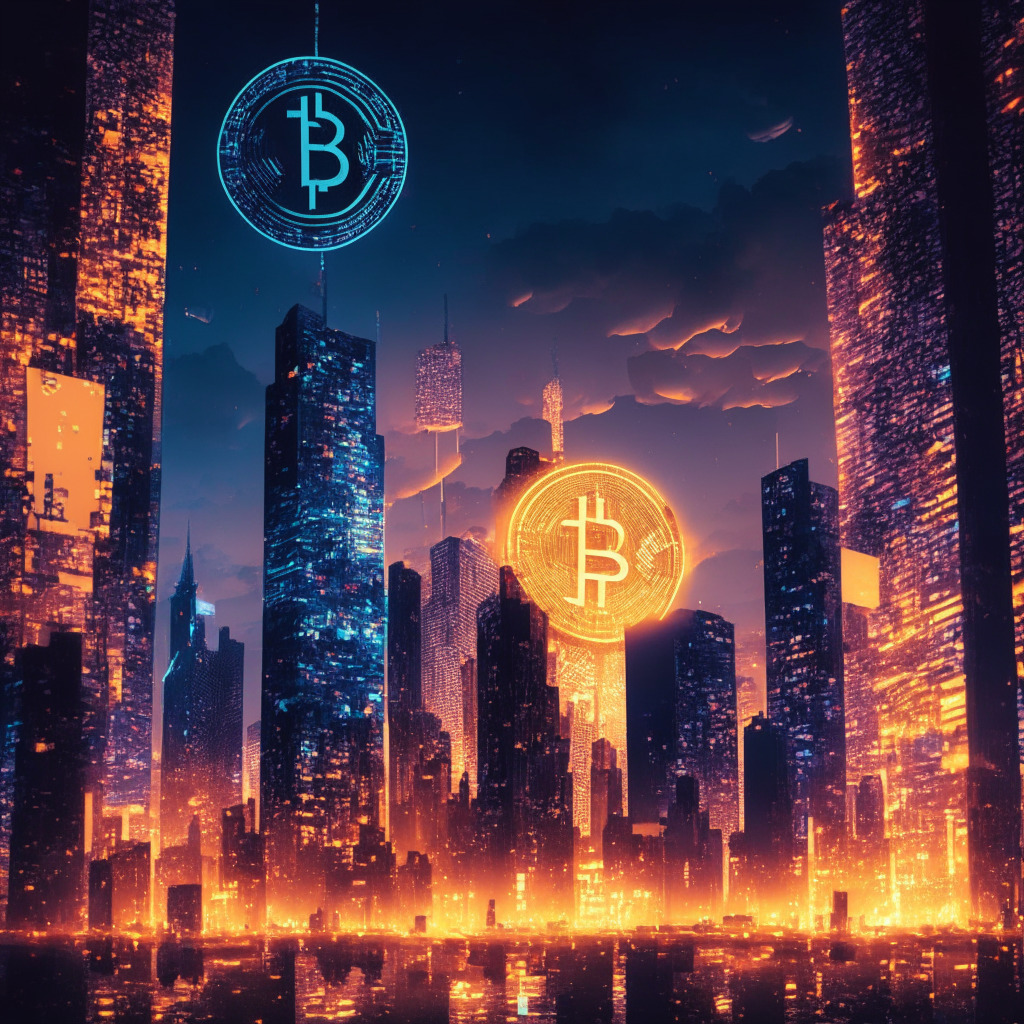 A bustling digital cityscape under a twilight sky, skyscrapers ablaze with the neon glow of cryptocurrency symbols, a large coin in the center symbolizing Worldcoin's WLD token. The scene is bustling with activity, yet a sense of caution pervades the air, embodied by hints of shadow and contrasting light. The image radiates a mood of thrilled anticipation mixed with wary skepticism.