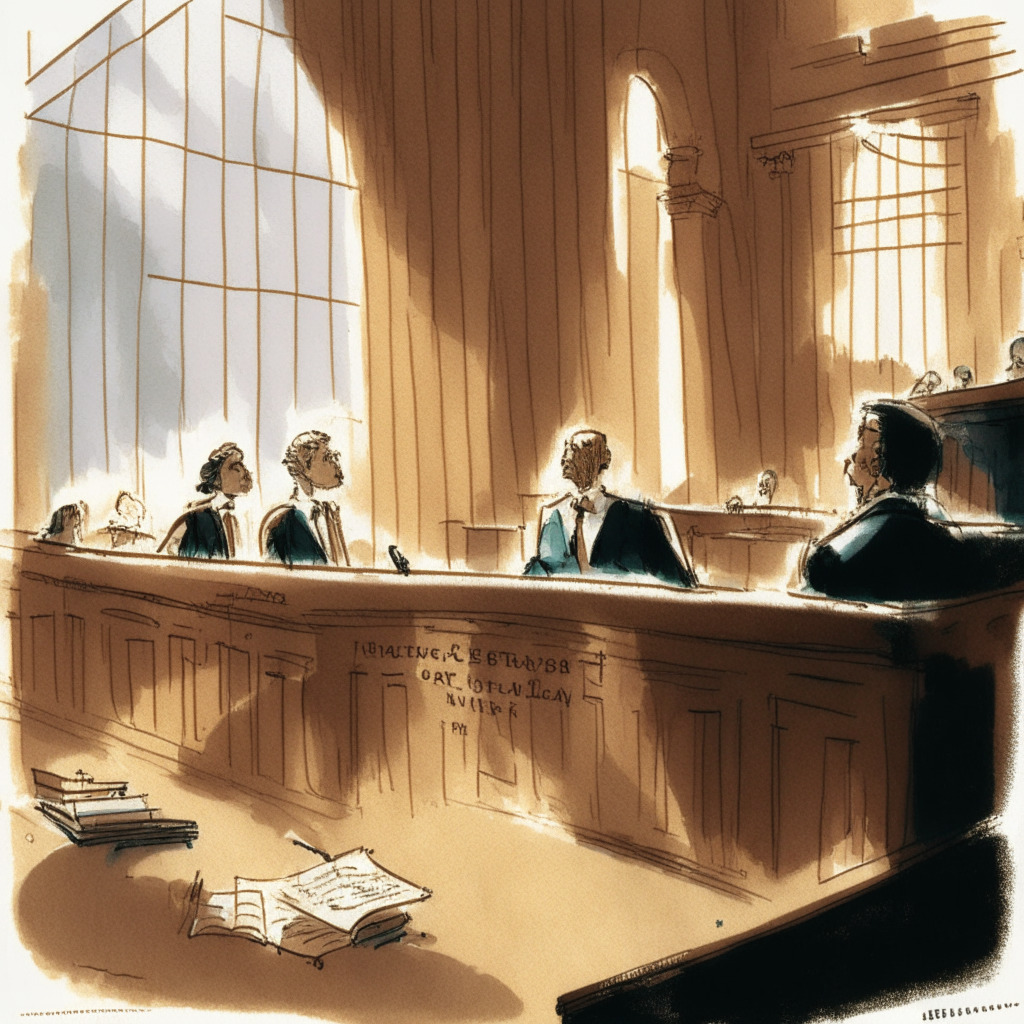 An elegantly poised courtroom in late afternoon light, with soft pastels depicting the intense debate between two figures, personifying SEC and accounting firms. Their passionate expressions reflect the tension engulfing crypto accounting validity, with handwritten-style words like 'transparency', 'honest endeavors', and 'non-audit' floating in air. Mood is tinged with anxiety and anticipation.