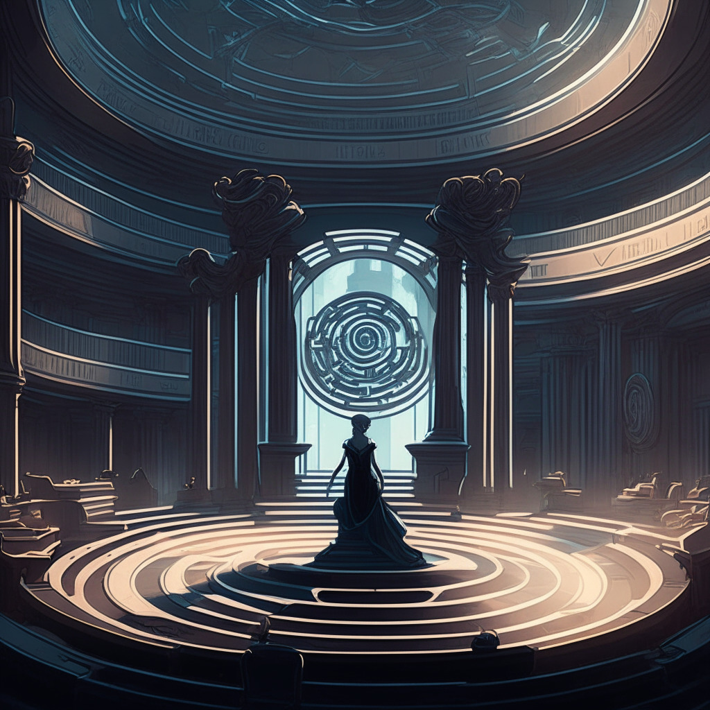 A grand courtroom bathed in dim, atmospheric hues, symbolizing a turning point in cryptocurrency regulation. A judge, carved in intricate detail, rules on a case represented by digital tokens swirling around her. The background is a blend of classical and futuristic architectural elements, embodying the crossroads faced by the SEC in the world of crypto. The overall mood is tense and anticipative, with a touch of hope.