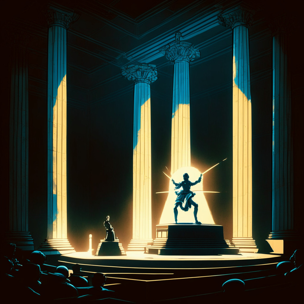 A dimly illuminated courtroom, dramatically lit by a single shaft of light coming from a skylight above. A righteously indignant crypto icon, symbolizing the crypto markets, engaged in a tense joust with a stern, classical statue representing SEC. The joust metaphor portrays the conflict and debate. Artistic style leans towards surreal and metaphorical, imbued with a tense and suspenseful mood.