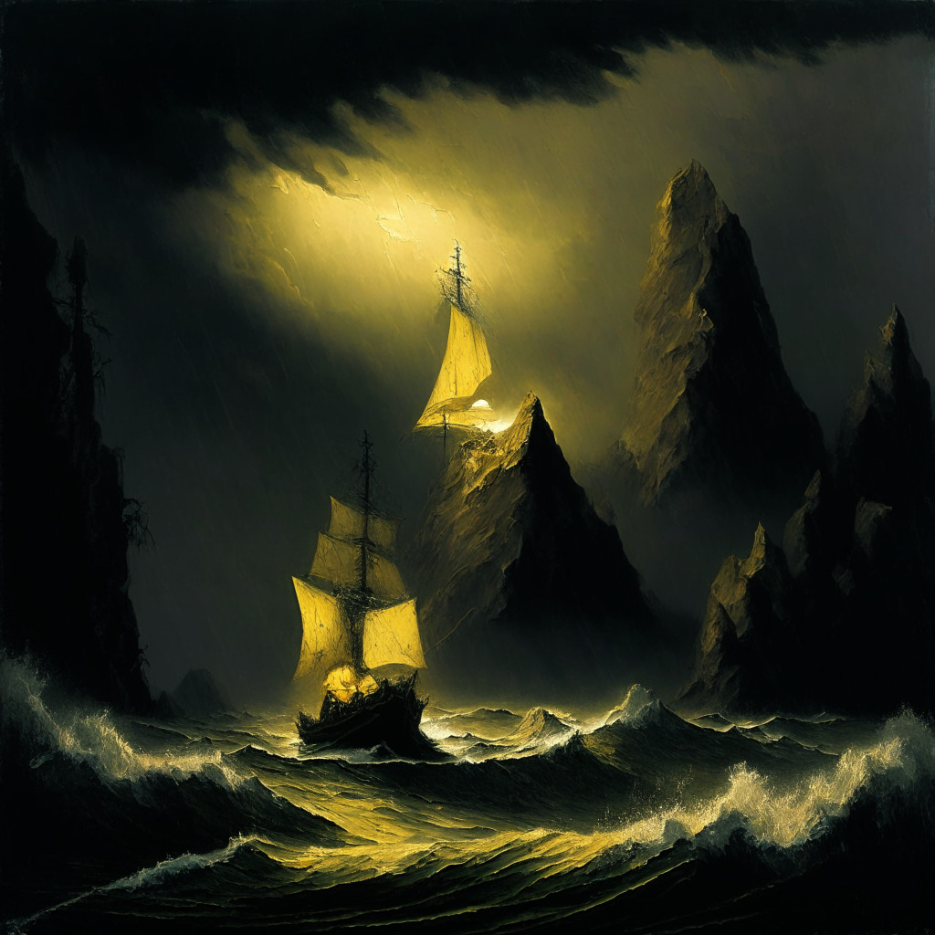 A dark, stormy landscape represents a volatile Solana market. High, jagged peaks symbolize price highs, plunging into deep valleys for dips. A lonely sailboat navigates the turbulent waters, symbolizing the hope of investors. Illuminated by a partial golden spotlight, a safety buoy bobs amidst the chaos indicating the $21 bullish support line. Painterly brushstrokes impart an air of uncertainty, affirming regulatory threats looming large. The overall mood hints at a cautious optimism tinged with the thrill of the unknown.
