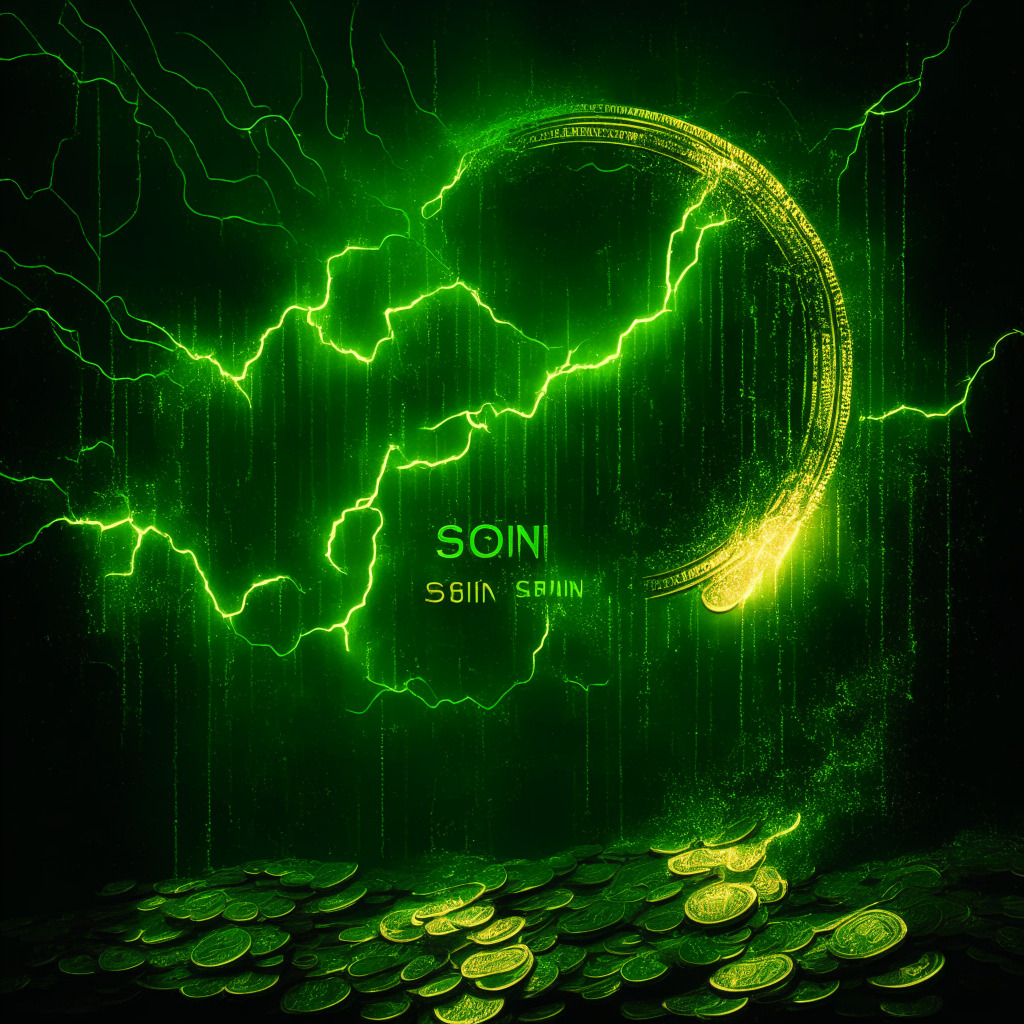 Deep green, shadowed trading screen reflecting powerful Solana uptick, vibrant bronze coins scattered on a dynamic, lightning-streaked backdrop indicating volatility. Achievements like resilient network, scale increase embodied in thin, golden upward lines. Subtle, hazy impression of emerging rival coins, shimmering BTC20 among them, hint at future contenders. Mood: Tense, optimistic, filled with anticipation.