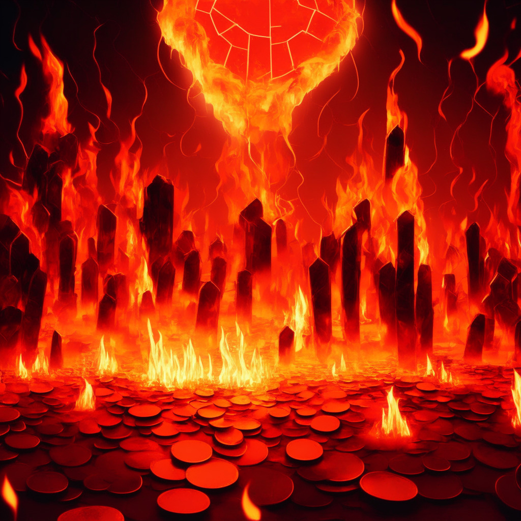 Digitally abstract depiction of a large flame consuming metallic tokens, illuminating them with fiery oranges and reds, in a darkened, expansive blockchain landscape. The flame represents the 24th automated burn event for BNB tokens. An air of mystery and strategy pervades the scene, contrasted against the steady, indifferent response of its surrounding environment, depicted as flat, darkened hills under a muted, starlight sky.