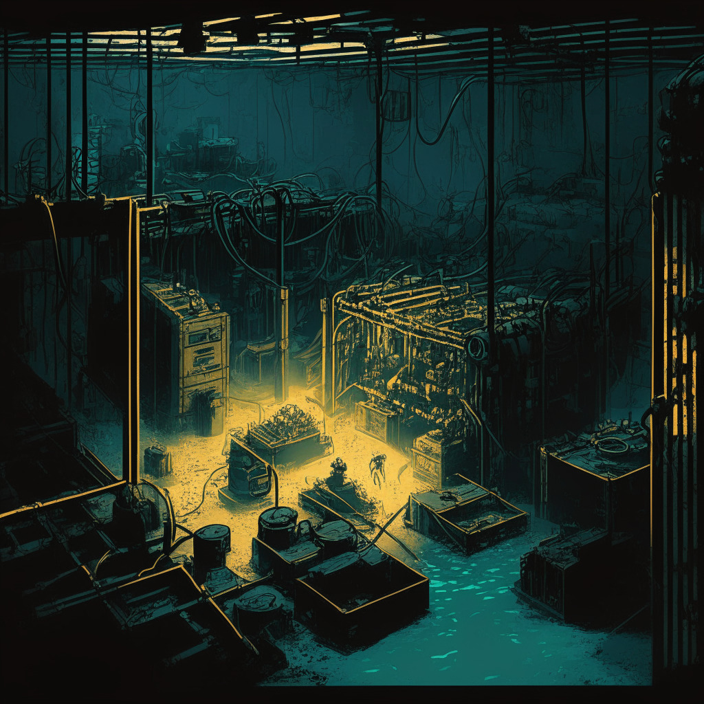 A dimly lit room, filled with intricate machines tirelessly performing crypto-mining operations. A warmer glow emanates from another room where a water pool is heated by the hum of another mining rig. The artistic style is akin to a gritty graphic novel, capturing the resilience and endurance against tremendous odds. Tension and struggle permeate the scene, enveloped by a palpable sense of anticipation for expected gains.