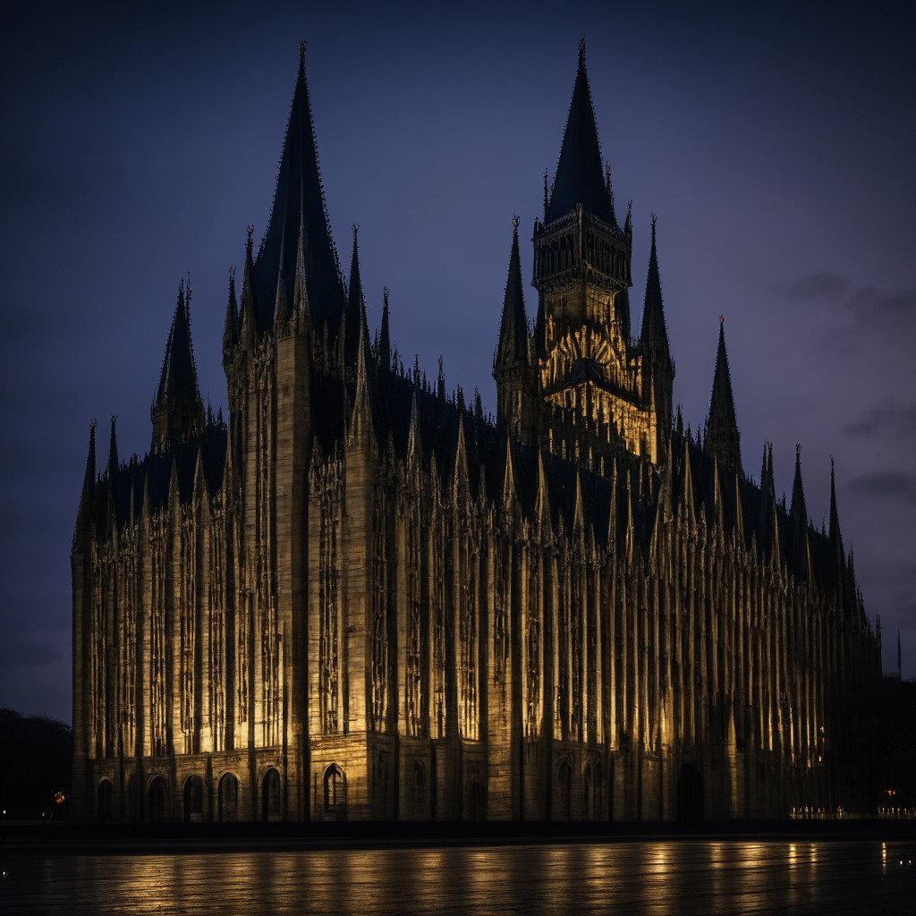 Bold, neo-gothic parliament building in twilight, reflecting the mood of deliberation and solemnity. Dark, looming crypto coins symbolize crime-related activities, frozen mid-air, demonstrating seizure. Gears, conveying fluid change and legislation evolution, fill the scene. Authoritative figures, exuding an air of confidence, are discreetly shadowed, reaching out to immobilize the coins, symbolizing crime-busting measures. The image has hints of a film noir style, balancing intrigue and the tension of looming regulation, imbued with a subdued color palette - grey, blue, and black - to depict the seriousness of the matter under discussion.