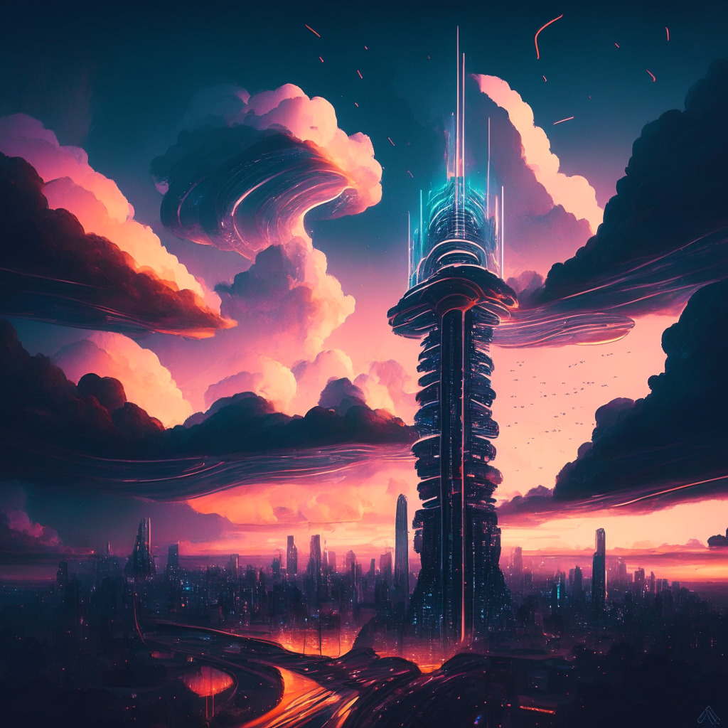 Futuristic cityscape at dusk, reflecting the atmosphere of uncertainty, streets filled with chaos: a rollercoaster symbolizing the unstable journey of Bitcoin SV. In contrast, an AI-infused modern tower, a symbol of evolving AI-driven Crypto trading platform, glowing, representing hope, prosperity. Sky filled with blooming clouds symbolizing unknowns in the crypto world.