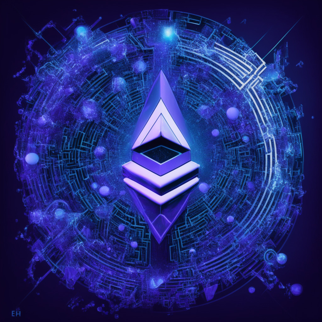 A visionary depiction of Ethereum transforming under the impact of ZKM's hybrid rollup technology. In a futuristic cyber-themed style, depict an abstract Ethereum symbol morphing, indicating increased transaction efficiency. Use a bold palette with sharp contrasts, predominantly in electric blues and cyberspace purples. Illustrate light emitted from the Ethereum symbol, casting an optimistic mood over a complex network of interconnected nodes, representing diverse blockchain and non-blockchain applications.