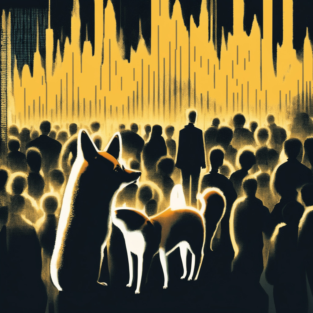 A dynamic, surreal image in the artistic style of surrealism that portrays a rising line graph overlaid on a Shiba Inu glaring intently at it, evoking an intriguing, unpredictable mood, in a dimly illuminated setting. A faintly visible silhouette of a crowd in the background symbolizes a crowded market and a vibrant newcomer token depicted symbolically as a playful, anthropomorphic character. Use of unsaturated colors and chaotic haziness in the image to emphasize volatility and unpredictability in investing.