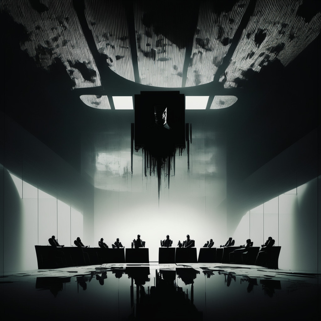 An expansive digital meeting room flanked by looming shadows, echoes of a fallen empire. The ghostly remnants of a once-flourishing decentralized autonomous organization in the style of surrealism. An abstract, somber representation of lawyers, auditors, and liquidators appearing as translucent figures, enacting a nebulous, slow-moving dissolution. A dark and moody virtual space, symbolizing the melancholic mood and frustration of the Hector Network community. In the foreground, a sinking treasury pot with depleting cyber-gold, reflecting financial struggles. The illusion of community voices, insinuated as silenced whispers, fading into the dimness.