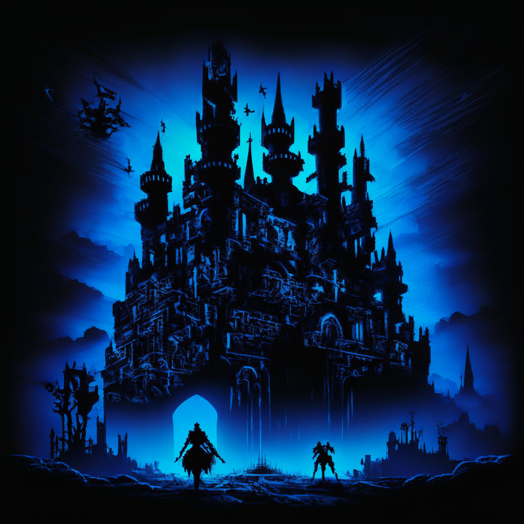 A dark and ominous cyber-world, lit dimly by neon blue technology symbols. In the foreground, a fortified castle, representing a Decentralized Autonomous Organization. Shadowy figures, symbolizing hackers, attacking the fortress from various directions. All elements are framed in somber steampunk noir style, conveying tension, uncertainty, and a relentless struggle.