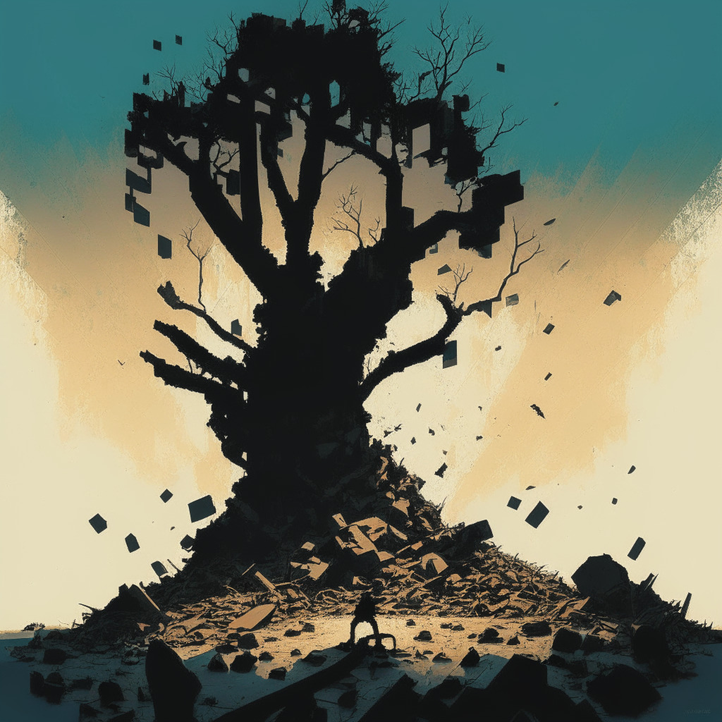 A landscape of digital code transforming into rubble, symbolizing the closure of Algofi, dusk light casting long shadows, vintage art style. A looming silhouette of a regulating giant, representing regulatory pressures, creating a feeling of suspense. A resilient tree growing amidst the rubble, epitomizing Algorand's persistent technology, creating an atmosphere of hope and uncertainty.