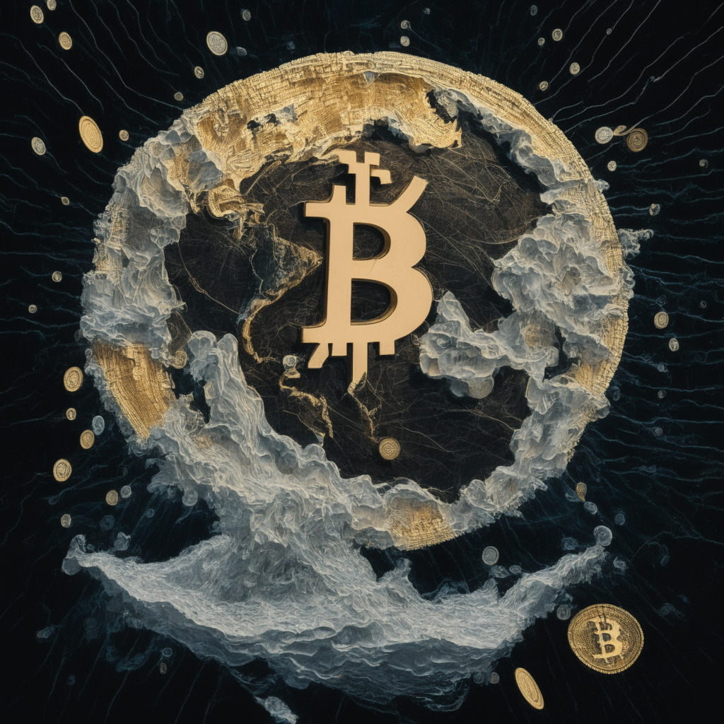 A calm Bitcoin floating amidst swirling chaos representing the volatile dollar, all set against a backdrop of a global map emphasizing international trade. Mood is a tense equilibrium, captured through a technique reminiscent of 20th-century surrealism: shadowy, with contrasts of dark and light, highlighting the unusual stability of Bitcoin despite financial tumult.