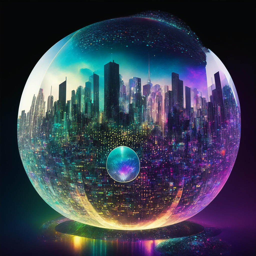 Futuristic cityscape displaying advanced AI technology, soft ethereal lights illuminating a throng of diverse figures representing global users, underscores tension and uncertainty. Central, a signature spherical Worldcoin structure, its metallic surface reflecting rainbow hues, scans an eye, symbolizing intricate biometric processes. The dominant mood is intrigue, laced with potential risk, in a somewhat uncertain climate.