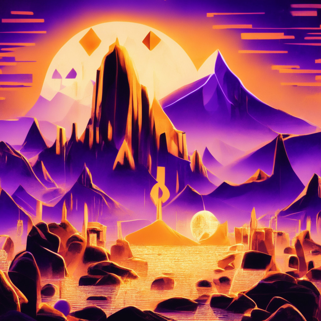 An abstract finance landscape portraying cryptocurrency ascendancy, featuring vibrant Ethereum-purple and Bitcoin-orange hues. The foreground setting shows an X-Marked Monolith personifying the XRP surge, glowing radiantly under a golden spotlight, towering metaphorical economic mountains. The backdrop illustrates a stylized SEC gavel on one side and the western Pacific Island of Palau on the other. Blurred silhouettes of trading indicators take up the evening sky, suggesting large incoming buyer momentum. Style- reminiscent of 19th-century romanticism, with dramatic contrasts, prominent brushstrokes capturing the tumultuous yet hopeful financial scene. The overall mood - cautiously optimistic, capturing anticipation and persistence in the face of volatility.