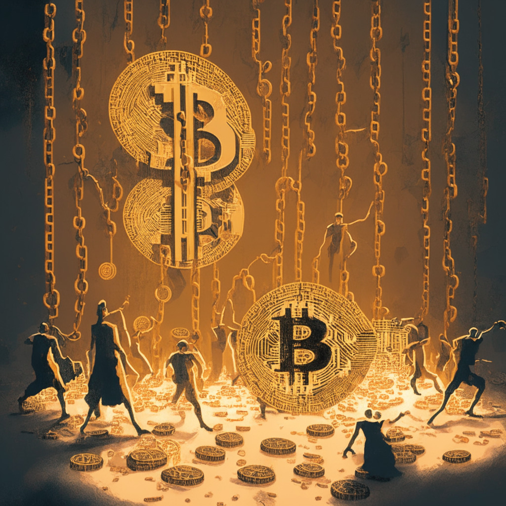 An abstract depiction of the Bitcoin market, with warm, faded hues to evoke a sense of stagnancy, A larger-than-life Bitcoin dominates the center, with chains tying it down signifying various factors contributing to its stable position. Shadows of small characters, symbolizing traders and miners, cast long shapes onto it, implying market influences. In the background, a turbulent storm, subtly indicated, suggests the unpredictable future. The mood is tense, reflecting the investors' anticipation and hesitation.