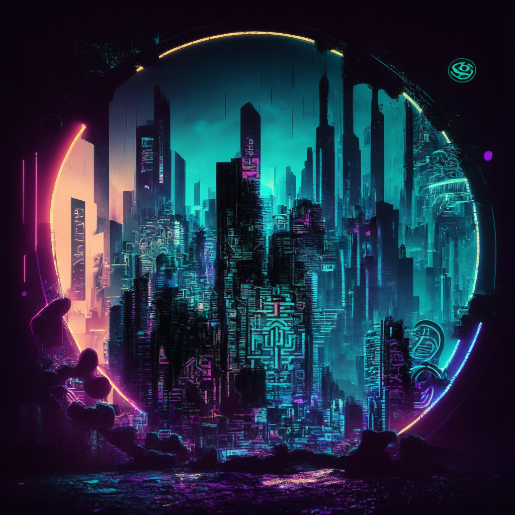 Neo-futuristic cityscape bathed in neural colours, where digital currency symbols are personified as characters, interactively floating around. Strong spotlight on Thug Life coin as if a rising star, hinting unpredictability with its silhouette fluctuating. A suspenseful ambience replete with a blend of optimism and caution reflected through a chiaroscuro lighting.