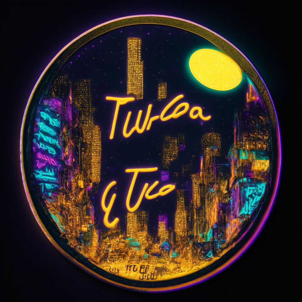 An image of a digital, golden hip-hop graffiti-styled coin with the words 'Thug Life Token' embossed on it, floating in the saturated hues of a vibrant, gritty cityscape. The streets are bathed in the ethereal glow of neon lights and the moon above shimmers with hints of a volatile financial market. The atmosphere is excitable yet tense, filled with the promise and peril of an unpredictable new venture. The style is reminiscent of a graphic novel, capturing the urban essence of hip-hop culture and the anarchic nature of the cryptocurrency world.