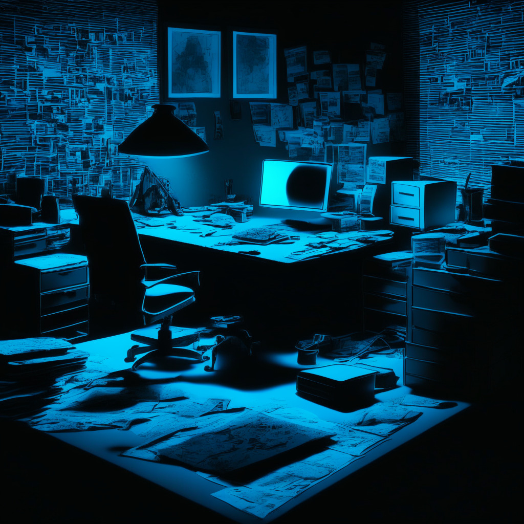 A shadowy, digital forensic office with scattered papers and glowing computer screens, an outlined crypto wallet shown in neon blue. Edges of the image infused with a tensions and secrecy invoking film-noir style. Dark shadows cast over the room, illuminating the mystery and controversy stirred by potential invasions of privacy.