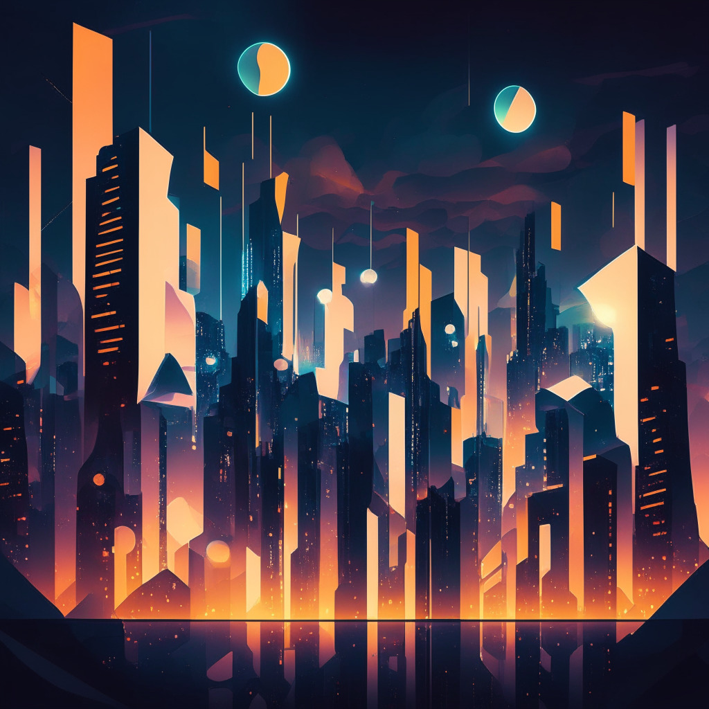 Futuristic cityscape at twilight, Blockchain shapes hovering above, illuminating with soft glow. In the sky, physical assets morphing into digital coins each symbolizing stocks, cars and artwork. Mood: Pioneering progress, a world on the edge of evolution. Art style: Abstract Cubism.