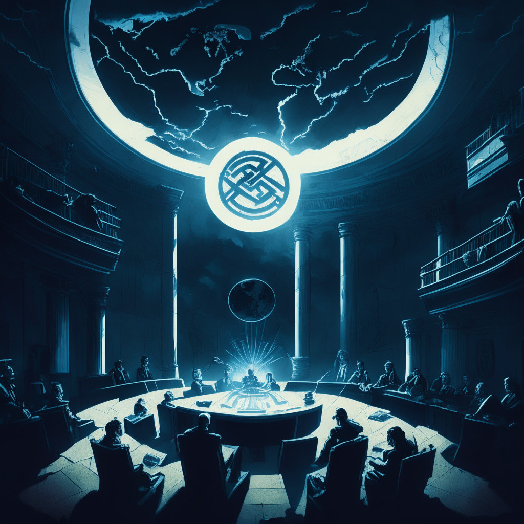 A moonlight-lit courtroom facing an ominous, roiling storm, Cryptocurrency symbols, like planets, floating in turbulent skies. Figures representing Terraform Labs founders amidst a chaotic scene, interrogation spotlight casting long shadows. The mood, a tense juxtaposition of triumph and controversy. Artistic style recalls Baroque drama, mirroring the tumultuous yet evolutionary narrative of the crypto world.