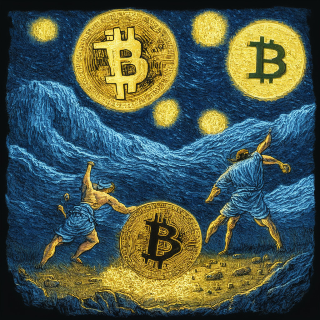 A scene depicting a tug-of-war, on a Van Gogh-style starry night canvas, between a dwindling, lackluster icon of Bitcoin SV and a bright, dynamic, and promising emblem of Thug Life Token. The lighting signifies a shift in dominance, with the fading moonlight bathing the Bitcoin SV side, revealing its decrepitude, and a rising, vivacious sunrise illuminating the Thug Life Token side, showcasing its emerging ascent. Surrounding the tug-of-war scene, smaller altcoin symbols gain momentum, thriving under the new dawn's light. The overall mood is a dramatic, pivotal shift in power, capturing the current market dynamics.