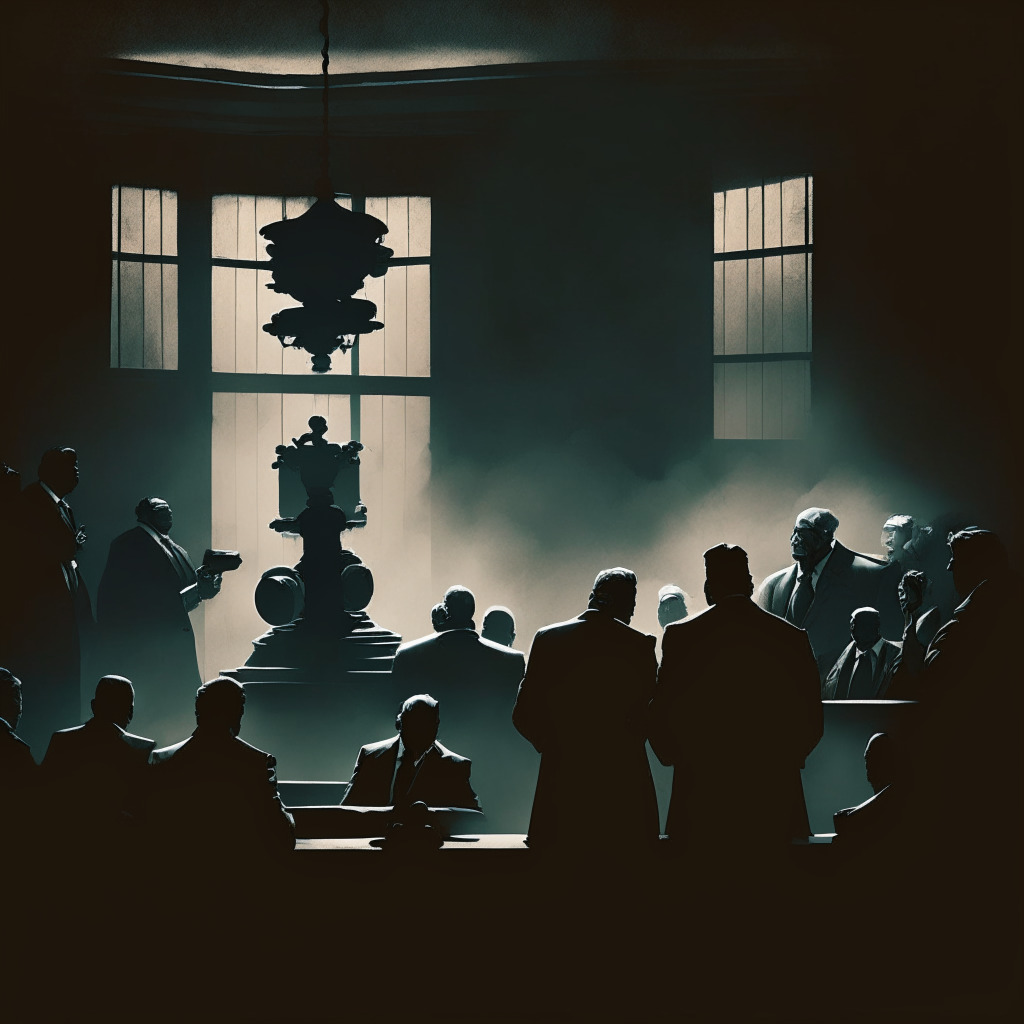 Dramatic courtroom scene set in the twilight's dim, graying light, shadowy silhouettes of lawyers passionately arguing over a mysterious, abstract financial tug-of-war. Gloomy, uneasy atmosphere hangs thick, portraying the unfolding drama. In the backdrop, a double-edged sword embodies tightened regulation; a partially unlocked door symbolises disputed access to European regulation. Rough, rocky path symbolic of the hazy future of blockchain.