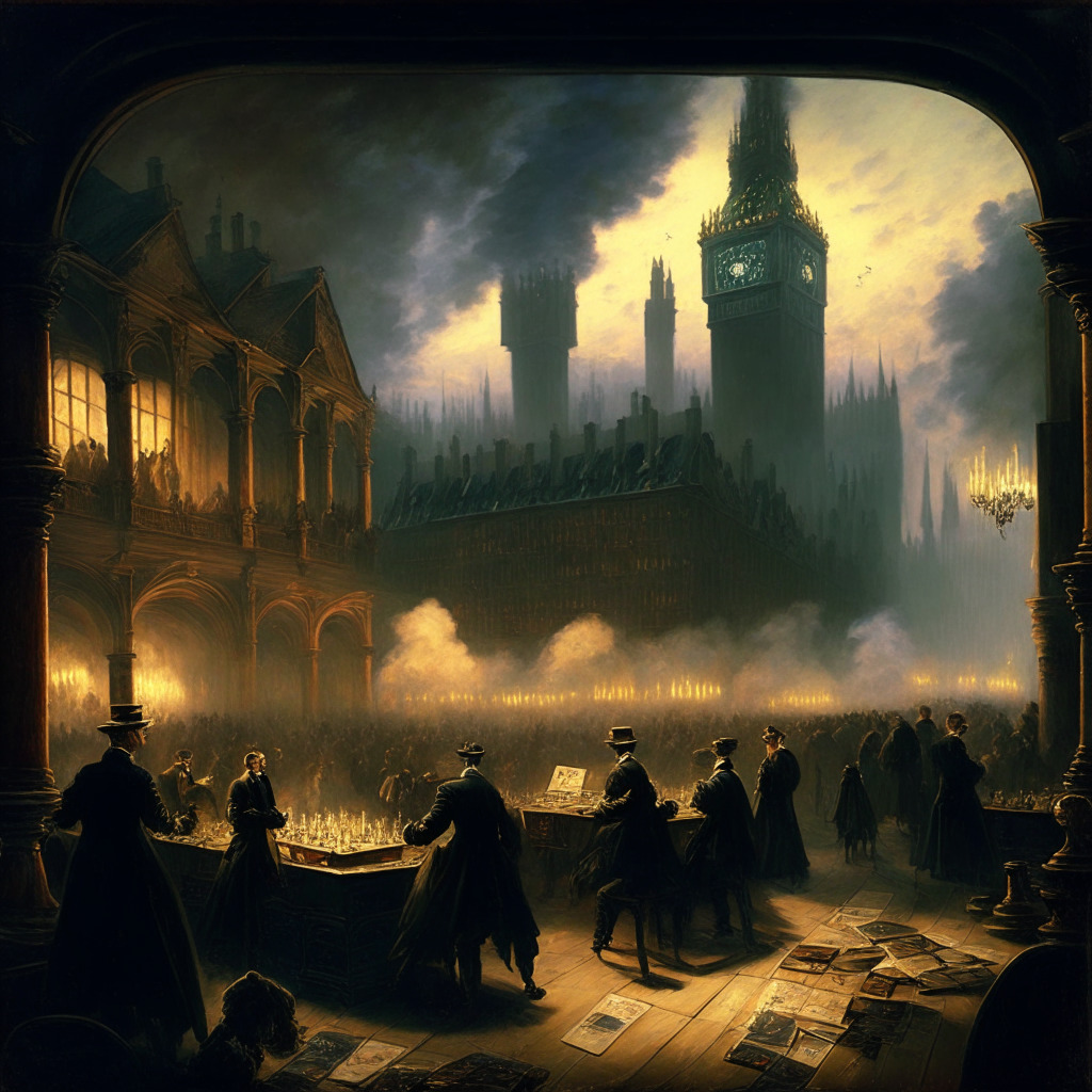 A 19th century oil painting style dusk scene of British Parliament. Split composition: left side embodies chaos of a crowded, smoky underground casino, tables covered with cards and chips, hypnotized gamblers engrossed. Right side reveals stark contrast, a serene orderly landscape of a futuristic city with representations of cryptocurrency symbols as architectural elements. A subtly lit path leading from the chaotic left to ordered right indicates a transition from gambling towards regulated trading, evoking an uncertain yet hopeful mood.