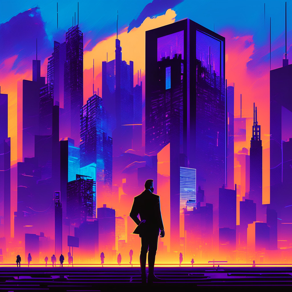 A contemporary digital landscape, brimming with neon signages depicting @symbols, interspersed with silhouettes of bustling crowd. Palette dominated by cool blues and cyberspace purples hinting at the dusk. Major building in the background bears semblance to a corporate headquarter, illuminated in mesmerizing golden light, adding warmth and intrigue. In the foreground, a man holding a document with 'FIT21: Vote YES' written on it, passionate and determined, contrasted with individuals exploring a holographic globe nearby, signifying exploration and uncertainty. Render the scene in a modern cubist style adding to the digital, futuristic feel.