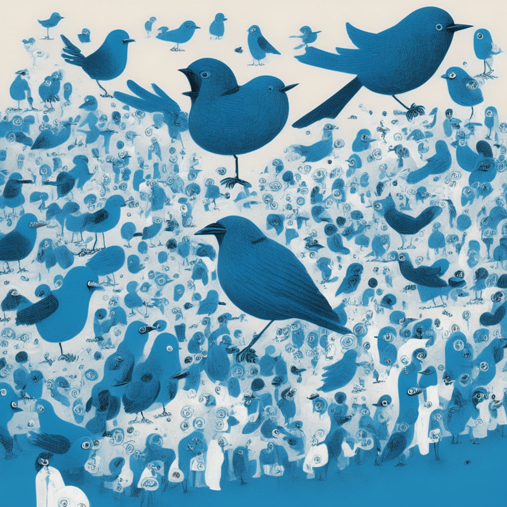 An illustrated interpretation of Twitter controversy, colour palette of subtle blues and whites. Image features a crowd of small avian figures - unverified users, approaching a larger, elaborately stylized big bird - Twitter. Evoking the balance between restriction (a chain), opportunity (a key), and communication (speech bubbles). The backdrop - a detailed hybrid of analog and digital landscapes, symbolic of the evolving social media world. Mood - tense, uncertain.