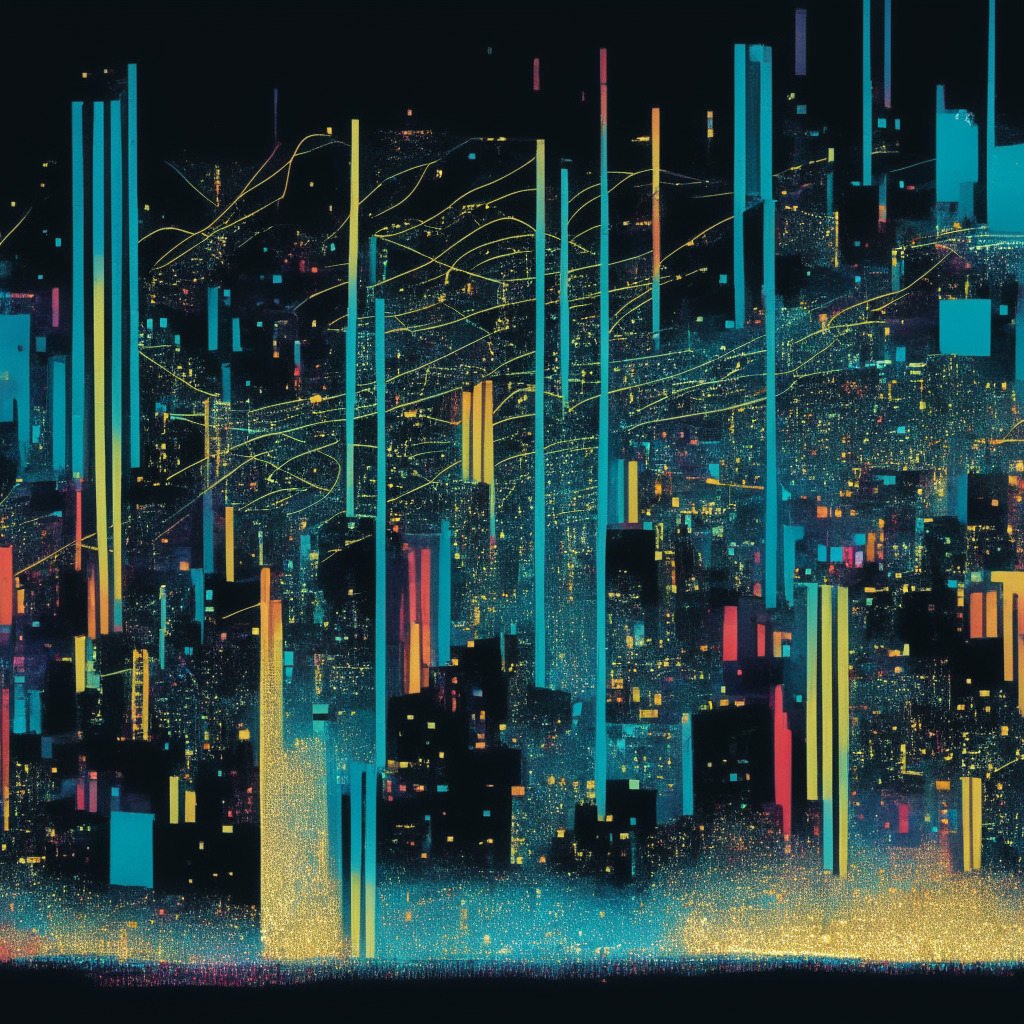 A digital metropolis reflecting the curtailed reach of tweets, illuminated by dim searchlight representing Google's hampered ability to display tweets. In the foreground, a vividly-colored network of lines signifies crypto community, disrupted but radiating resilience. Shadowy figures retreat to a bright alternative cityscape, symbolizing emerging decentralized platforms. The artwork should convey a somber mood with a glimmer of defiant hope.