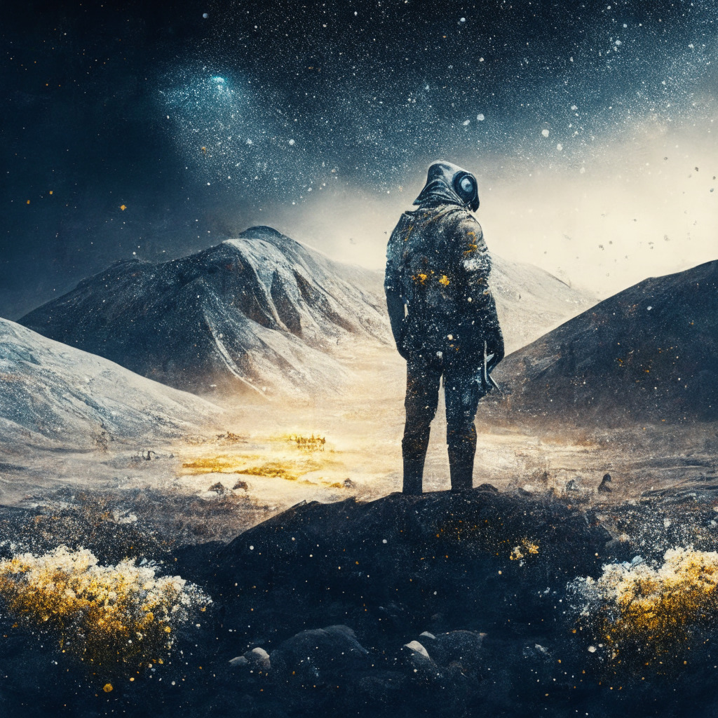 A stunning panorama of a resilient miner standing amidst a landscape partially cloaked in winter, reflecting harsh times, but also offset by areas blossoming with spring, symbolizing economic recovery. In the sky, symbols of mining tools and Bitcoins glitter like stars. The artistic style should evoke the urgency and harsh beauty of survival, using a strategic blend of cold and warm lights to portray the harshness of winter and the promise of recovery. The overall mood should be hopeful yet intense.