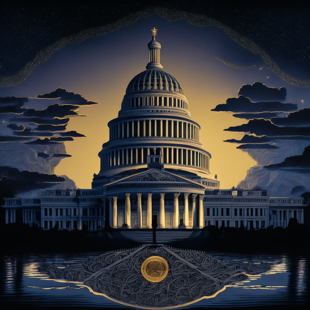 A surrealist interpretation of the U.S. Capitol against a tumultuous twilight backdrop, symbolizing the stirring Senate decision. Primary elements include the Senate in high baroque style, a scaled-up cryptocurrency coin being tightened in a golden vice to represent the tightening regulations, complex blockchain networks floating in the night sky implying the intricate interplay of crypto and legalities. The overall mood should be tense and dramatic, with intense chiaroscuro lighting illustrating the conflict between the crypto world and strict regulations.
