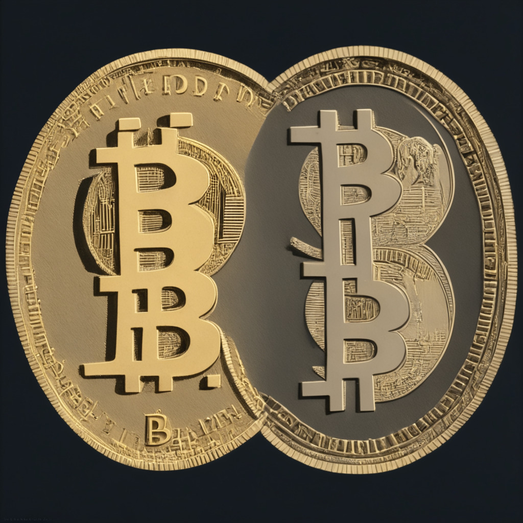 A graphic representation of a dual-faced coin, one side branded with a digital Bitcoin symbol, the other with an etching of a formal U.S. regulatory seal, hovering over a stark contrast of buoyant and subdued markets, styled in the somber realism of Edward Hopper's artwork, with demure lighting casting long shadows, capturing the ambiguity and evolving mood of the crypto markets.